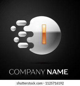 Gold Letter I logo. Silver dots splash and abstract liquid bubble shape on black background. Vector template for your design