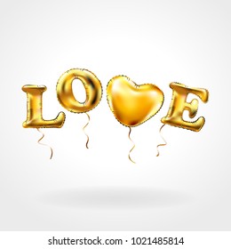 Gold letter love balloons. Heart gold characters balloons in the air. For celebration, party, date, invitation, event, card and Valentine's Day. I love you. Shine glossy metallic balloons background