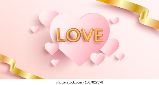 Gold letter love balloons with  pink realistic paper hearts, ribbon. For celebration, party, date, invitation, event, card and Valentine's Day. I love you. Shine glossy metallic balloons background.