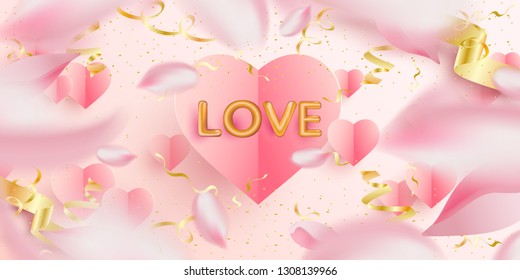 Gold letter love balloons with  pink realistic paper hearts, ribbon, Rose petals. For celebration, party, date, invitation, event, card and Valentine's Day. I love you. Vector illustration.