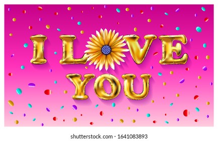 Gold letter love balloons Valentines Day. I love you. Shine glossy metallic balloons background. Vector illustration EPS10 art