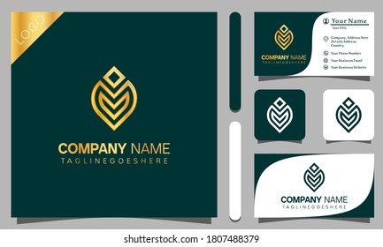 Gold letter M leaf luxury logo design vector illustration with line art style vintage, modern company business card template