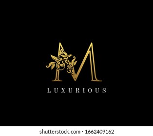 Gold Letter M Logo. M Letter Design Vector with Golden Colors and Floral Hand Drawn.