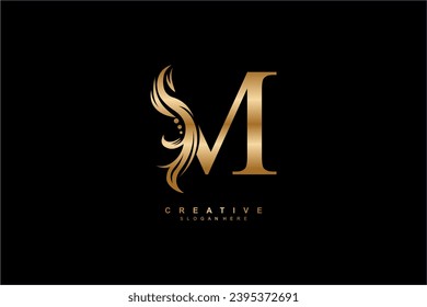 gold letter M logo design with graceful and elegant flower, leaf, feather ornaments. monogram M. typography M. logo M initial. Suitable for, business, wedding, boutique, company, hotel, beauty etc.