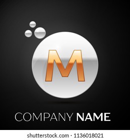 Gold Letter M logo. Silver dots splash and abstract liquid bubble shape on black background. Vector template for your design