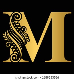 Gold letter M. Vintage golden flower ornament initial letters.  Alphabet. Logo vector 