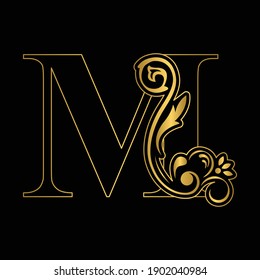 Gold letter M. Vintage golden flower ornament initial letters.  Alphabet. Logo vector 
