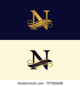 Gold letter N. Calligraphic beautiful logo with tape for labels. Graceful style. Vintage drawn emblem for book design, brand name, business card, Restaurant, Boutique, Hotel. Vector illustration