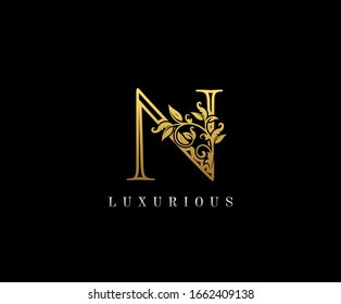 Gold Letter N Logo. N Letter Design Vector with Golden Colors and Floral Hand Drawn.