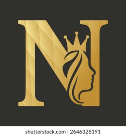 Gold Letter N Logo Queen Crown Woman Hair Profile vector