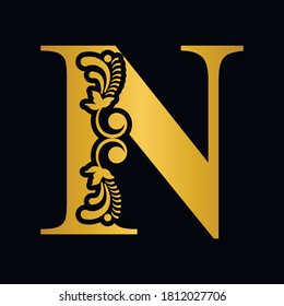 Gold letter N . Vintage golden flower ornament initial letters.  Alphabet. Logo vector 