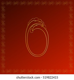 Gold letter "O" in the form of a wave in an openwork frame on a red background.