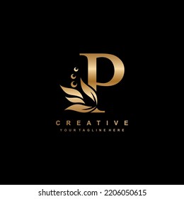 gold letter P logo design with flourish ornaments. logo P with floral and leaf ornaments. P beautiful logo. luxury letter P logo design