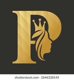 Gold Letter P Logo Queen Crown Hair Woman Profile vector