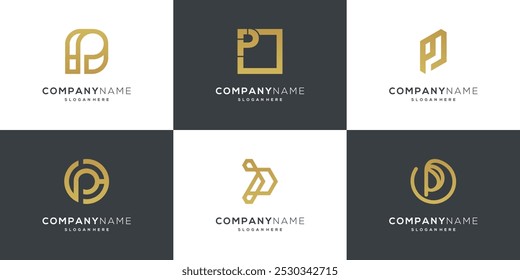 Coleção de vetores de logotipo P com letra de ouro. Minimalista abstrato de design de monograma. Modelo de ícone exclusivo baseado em ilustração.	
