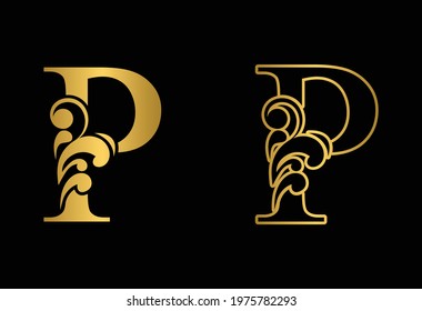 Gold letter P. Vintage golden flower ornament initial letters.  Alphabet. Logo vector 