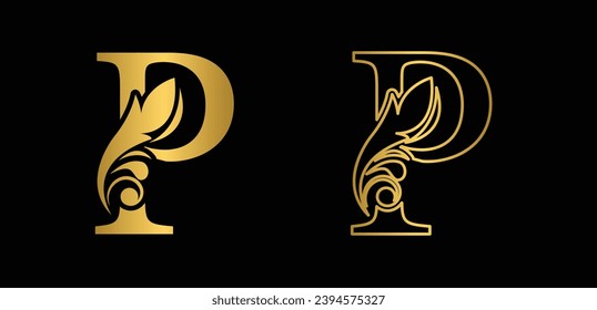 Gold letter P Vintage golden flower ornament initial letters.  Alphabet. Logo vector 