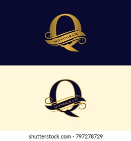 Gold letter Q. Calligraphic beautiful logo with tape for labels. Graceful style. Vintage drawn emblem for book design, brand name, business card, Restaurant, Boutique, Hotel. Vector illustration