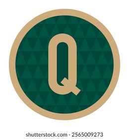 Gold letter Q design within a circular frame featuring a dark green triangular pattern and gold border. A luxurious and classic look ideal for branding or poster design.