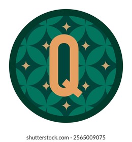 Gold letter Q framed within a circle with geometric floral patterns in dark green and bold edges. A contemporary design that exudes luxury and simplicity, ideal for branding or packaging.