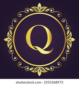 gold letter Q logo design with luxurious and beautiful leaf ornament. Q Monogram. Q typography. gold feather logo. initial letter Q logo. golden flower logo. Suitable for boutique, wedding, hotel, etc