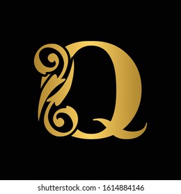 Gold letter Q. Vintage golden flower ornament initial letters.  Alphabet. Logo vector 