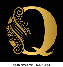 Gold letter Q. Vintage golden flower ornament initial letters.  Alphabet. Logo vector 