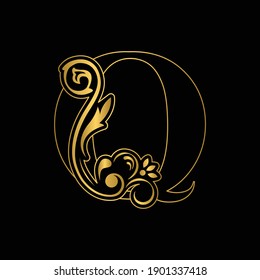 Gold letter Q. Vintage golden flower ornament initial letters.  Alphabet. Logo vector 
