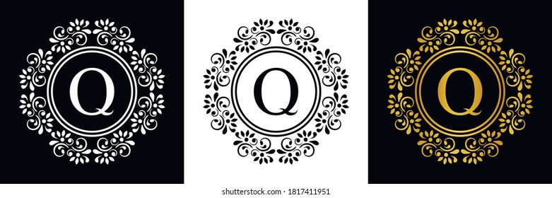  Gold letter Q. Vintage set black, white and golden flower ornament initial letters.  Alphabet. Logo vector 