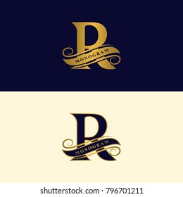 Gold letter R. Calligraphic beautiful logo with tape for labels. Graceful style. Vintage drawn emblem for book design, brand name, business card, Restaurant, Boutique, Hotel. Vector illustration