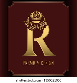 Gold Letter R with Crown. Graceful Royal Style. Calligraphic Beautiful Logo. Vintage Drawn Emblem for Book Design, Brand Name, Business Card, Restaurant, Boutique, Crest, Hotel. Vector illustration