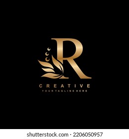 gold letter R logo design with flourish ornaments. logo R with floral and leaf ornaments. R beautiful logo. luxury letter R logo design