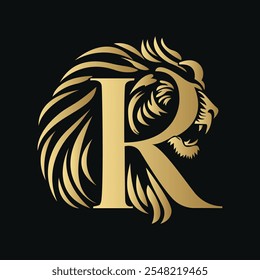 Logotipo da letra 'R' dourada com perfil de leão integrado sobre fundo preto  
