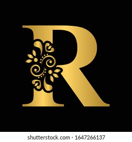 Gold letter R. Vintage golden flower ornament initial letters.  Alphabet. Logo vector 