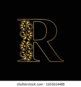 Gold letter R. Vintage golden flower ornament initial letters.  Alphabet. Logo vector 
