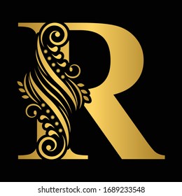 Gold letter R. Vintage golden flower ornament initial letters.  Alphabet. Logo vector 