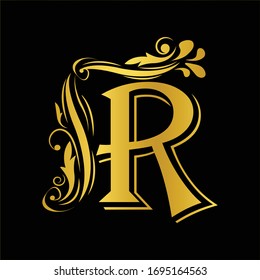 Gold letter R. Vintage golden flower ornament initial letters.  Alphabet. Logo vector 
