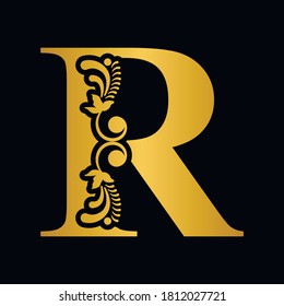Gold letter R. Vintage golden flower ornament initial letters.  Alphabet. Logo vector 