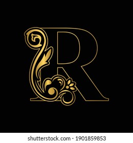 Gold letter R. Vintage golden flower ornament initial letters.  Alphabet. Logo vector 