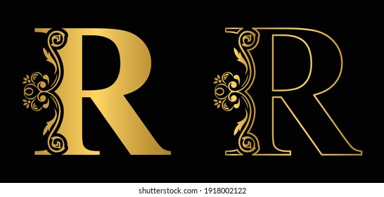 Gold letter R. Vintage golden flower ornament initial letters.  Alphabet. Logo vector 