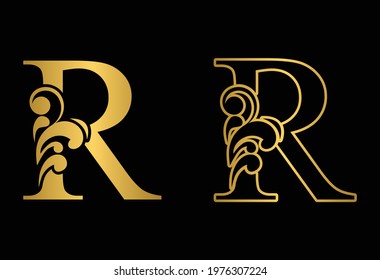 Gold letter R. Vintage golden flower ornament initial letters.  Alphabet. Logo vector 