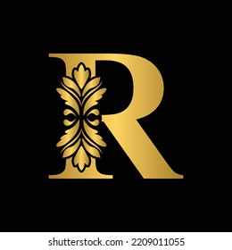 Gold letter R Vintage golden flower ornament initial letters.  Alphabet. Logo vector 
