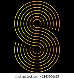 Gold letter S, 8, infinity sign. Abstract shiny color gold design element jn dark background.
