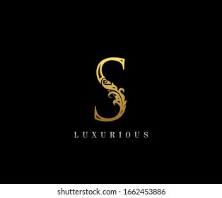 Gold Letter S Logo. S Letter Design Vector with Golden Colors and Floral Hand Drawn.