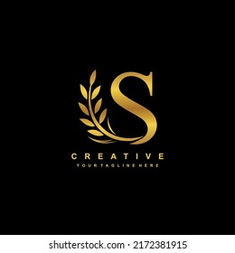 gold letter S logo design with luxurious and beautiful leaf ornament. S Monogram. S typography. gold feather logo. initial letter S logo. golden flower logo. Suitable for boutique, wedding, hotel, etc