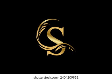 Gold letter S logo design with beautiful leaf, flower and feather ornaments. initial letter S. monogram S flourish. suitable for logos for boutiques, businesses, companies, beauty, offices, spas, etc