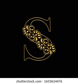 Gold letter S. Vintage golden flower ornament initial letters.  Alphabet. Logo vector 