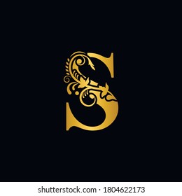 Gold letter S. Vintage golden flower ornament initial letters.  Alphabet. Logo vector 