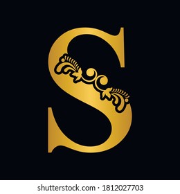 Gold letter S. Vintage golden flower ornament initial letters.  Alphabet. Logo vector 