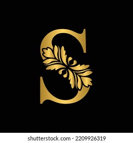 Gold letter S Vintage golden flower ornament initial letters.  Alphabet. Logo vector 